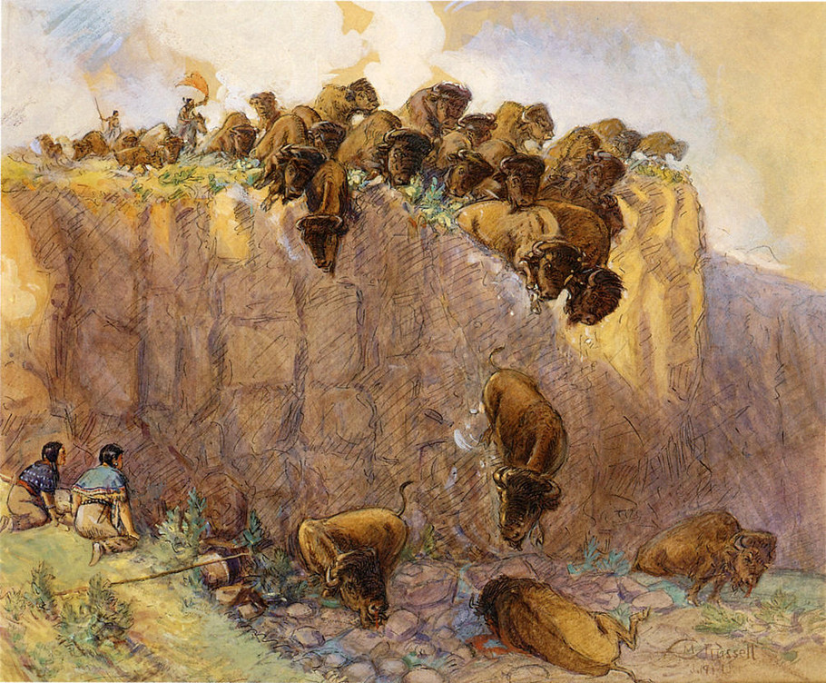 Driving Buffalo Over the Cliff - Charles Marion Russell Paintings